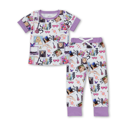 Lavender short sleeves butterfly guitar singer girls pajamas