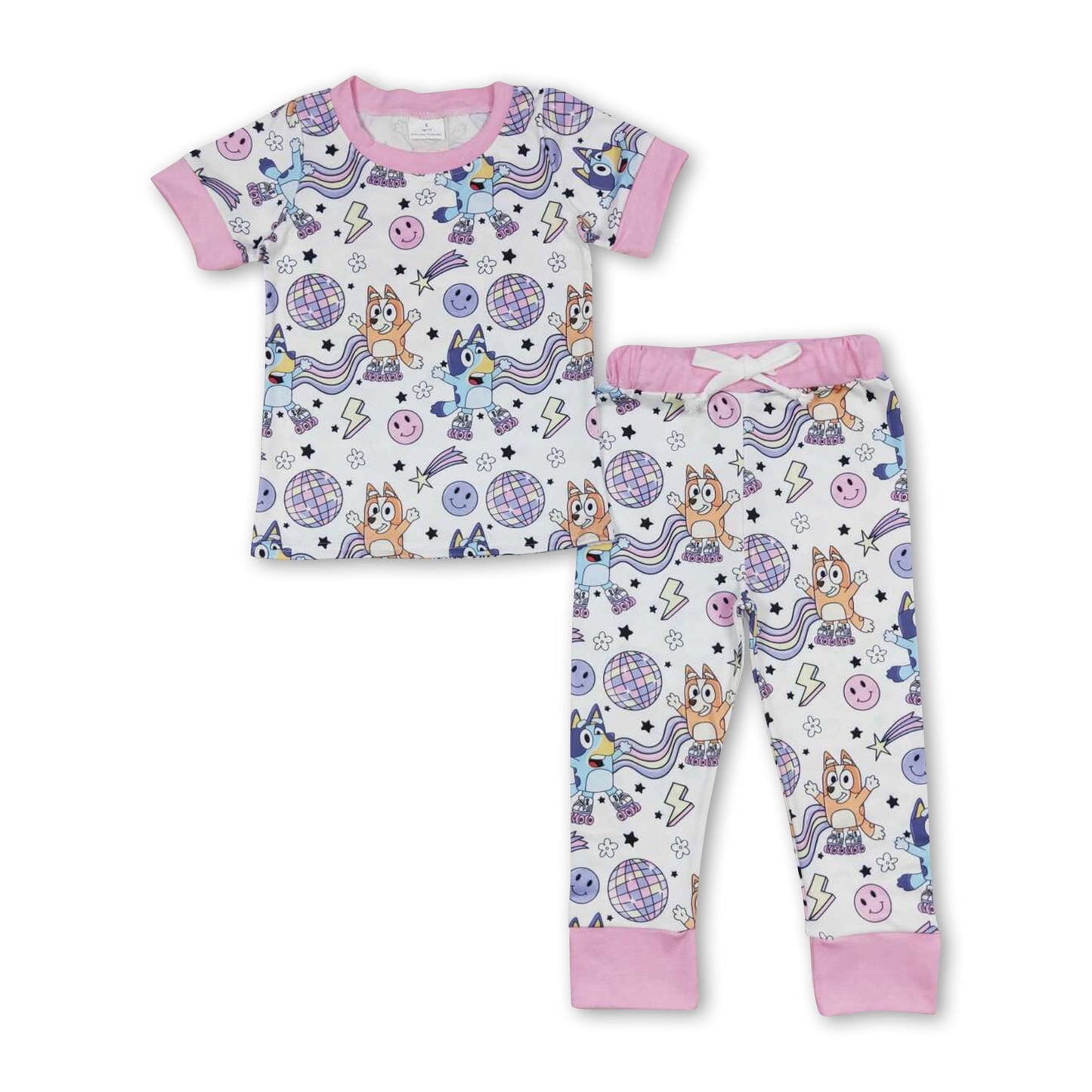 Pink short sleeves smile stars dog kids girls pajamas