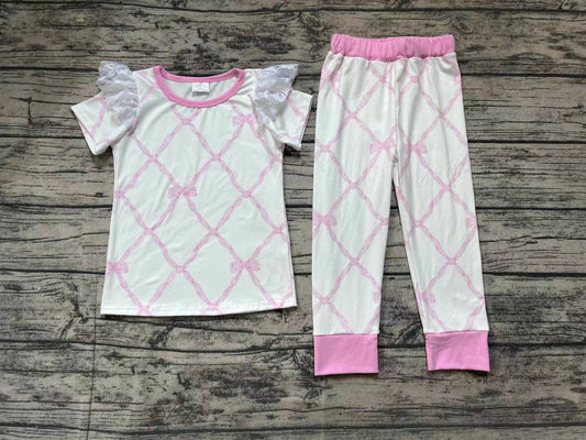 Short sleeves pink bow top pants girls pajamas