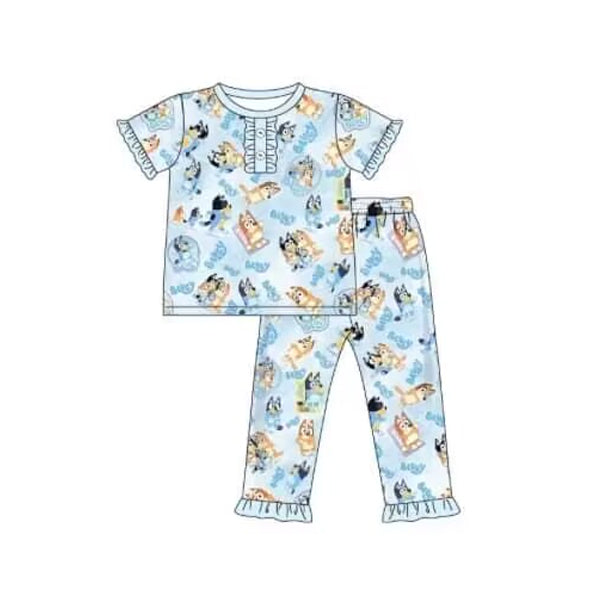 Short sleeves blue dog top pants girls pajamas