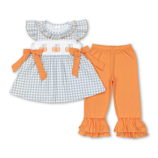 Flutter sleeves plaid pumpkin top pants girls fall clothes