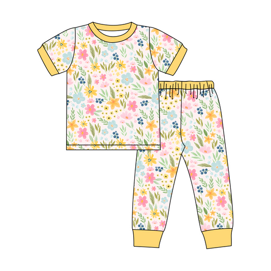 Short sleeves yellow floral girls pajamas