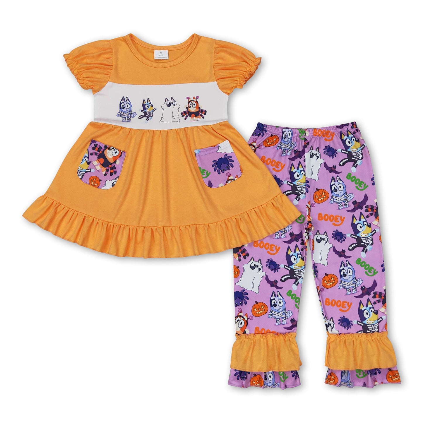 Short sleeves dog pumpkin tunic pants girls Halloween set