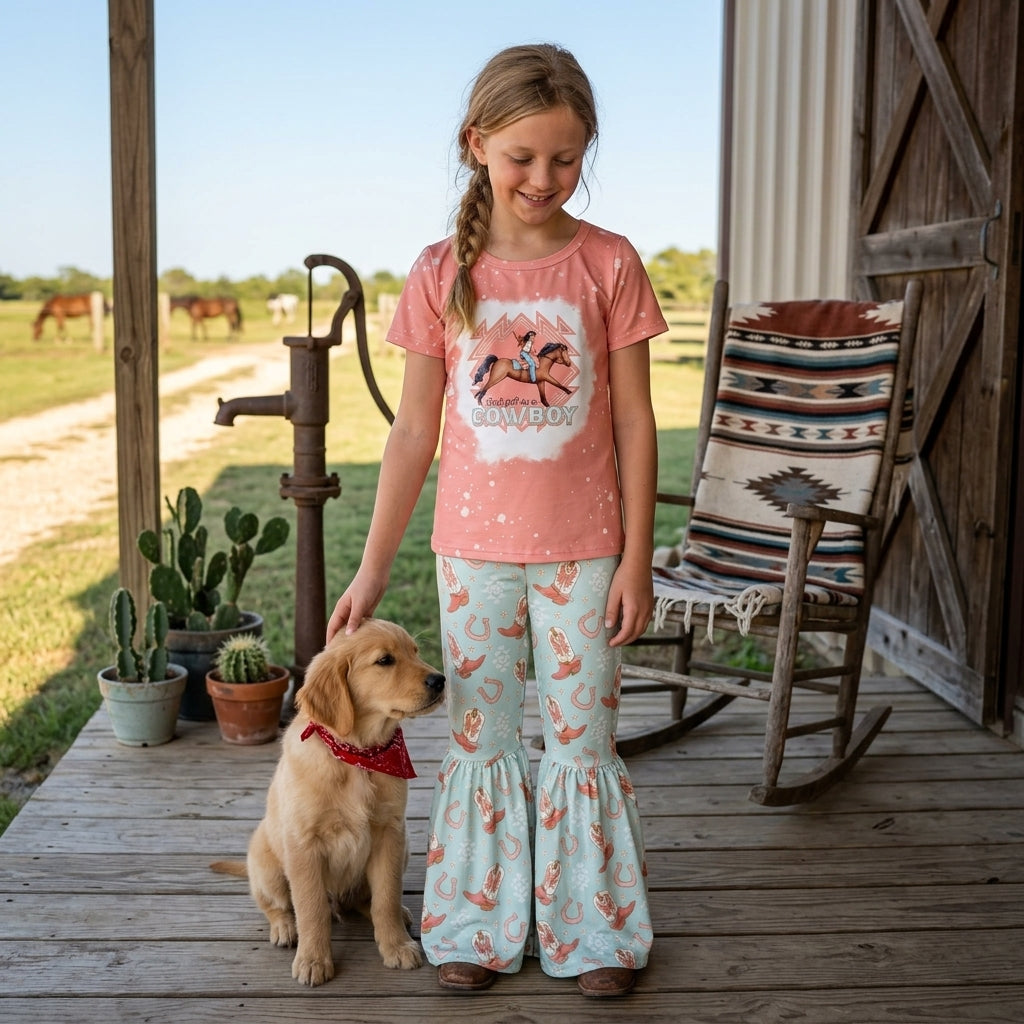 Bleached horse cowboy top aztec pants girls western set