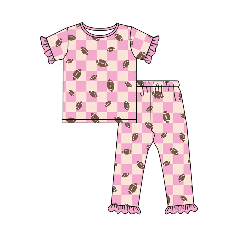 Pink plaid short sleeves football girls pajamas