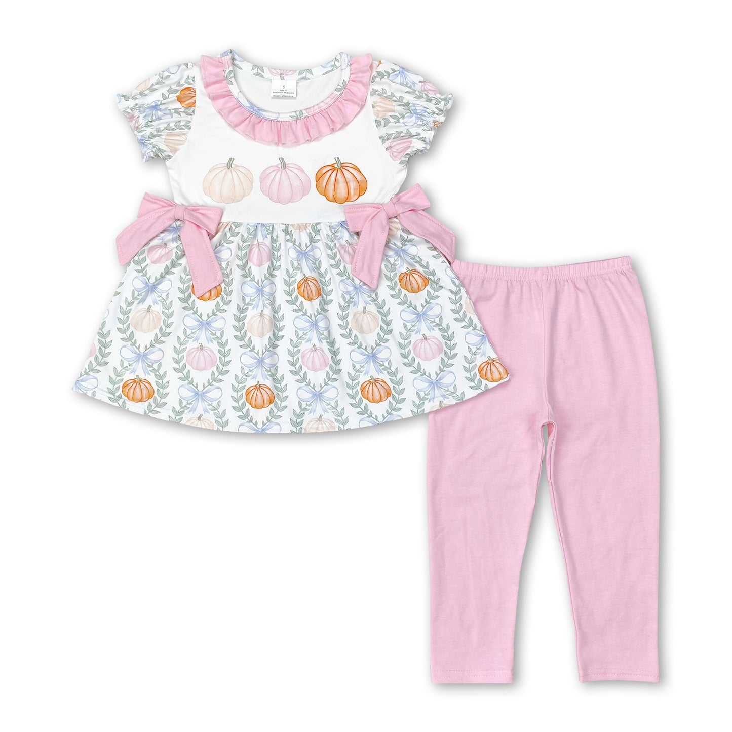 Short sleeves pumpkin tunic pink leggings girls fall set