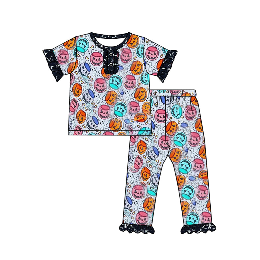 Colorful pumpkin basket kids girls Halloween pajamas
