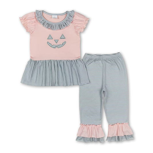 Short sleeves pumpkin peplum green stripe girls Halloween set