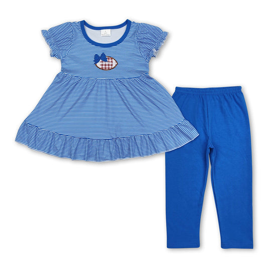 Blue stripe bow football tunic leggings girls team clothes