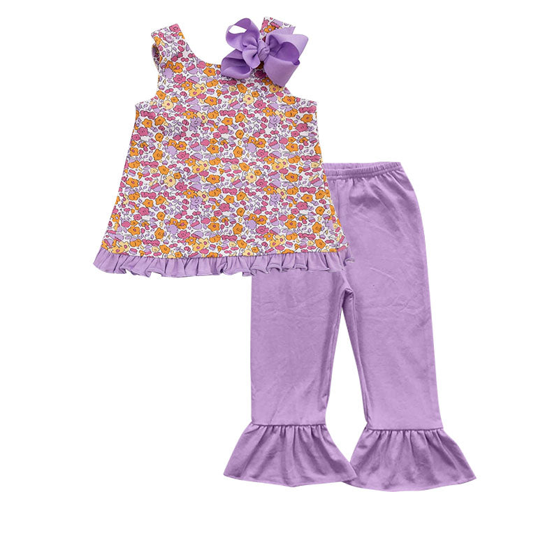 Sleeveless floral ruffle top purple pants girls clothing