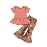Short sleeves peplum floral bell bottom pants girls clothes