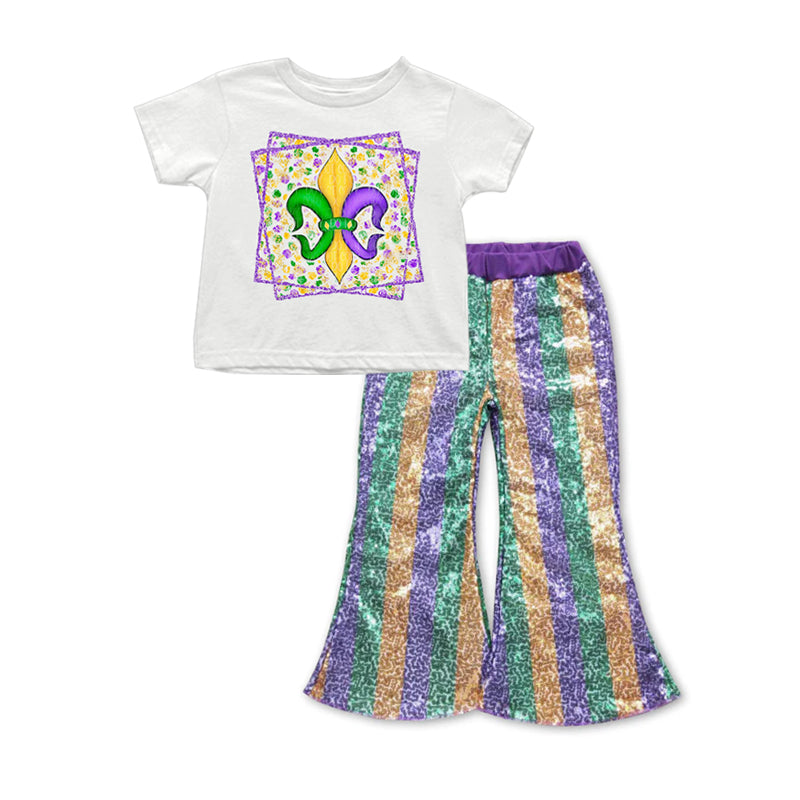 White top green purple yellow sequin pants girls mardi gras set