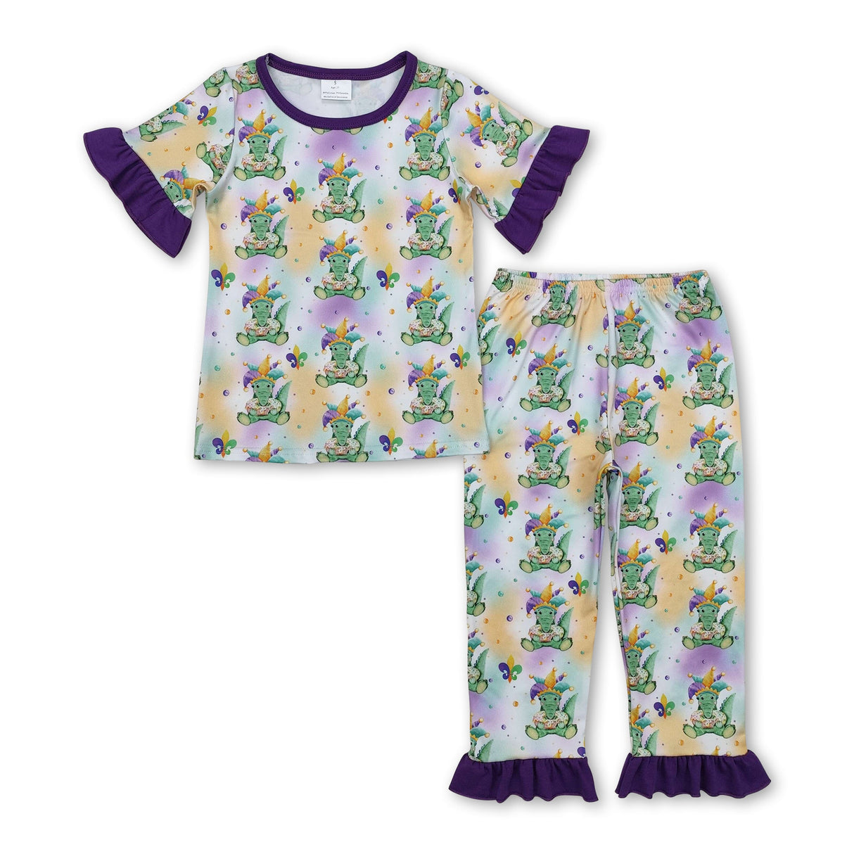 Purple short sleeves alligator kids girls Mardi Gras pajamas