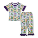 Purple short sleeves alligator kids girls Mardi Gras pajamas