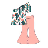 One-shoulder floral cactus top solid pants girls clothes