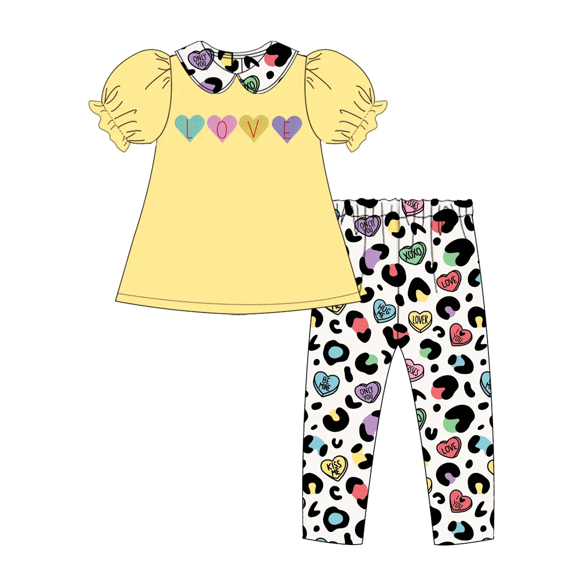 Yellow short sleeves heart love leopard girls valentine's set