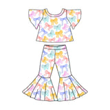Short sleeves colorful bow top bell bottom pants girls clothes