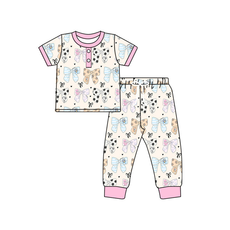 Short sleeves dog bows print baby girls pajamas