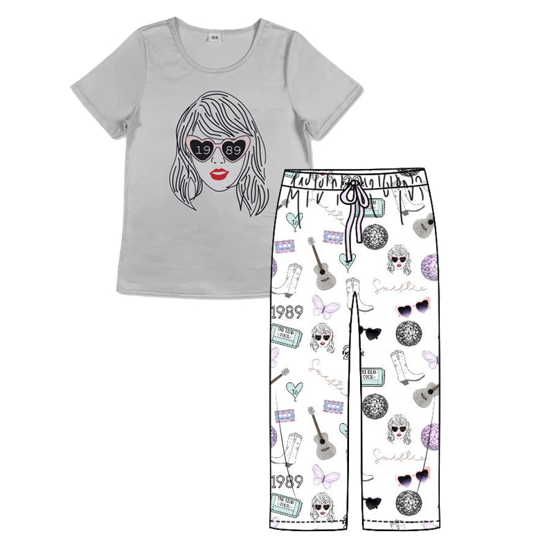 Grey short sleeves top guitar butterfly pants singer women set