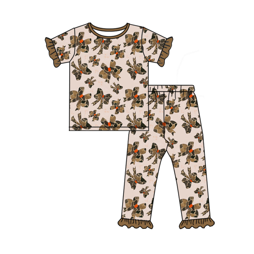 Short sleeves ruffle camo bow baby girls pajamas