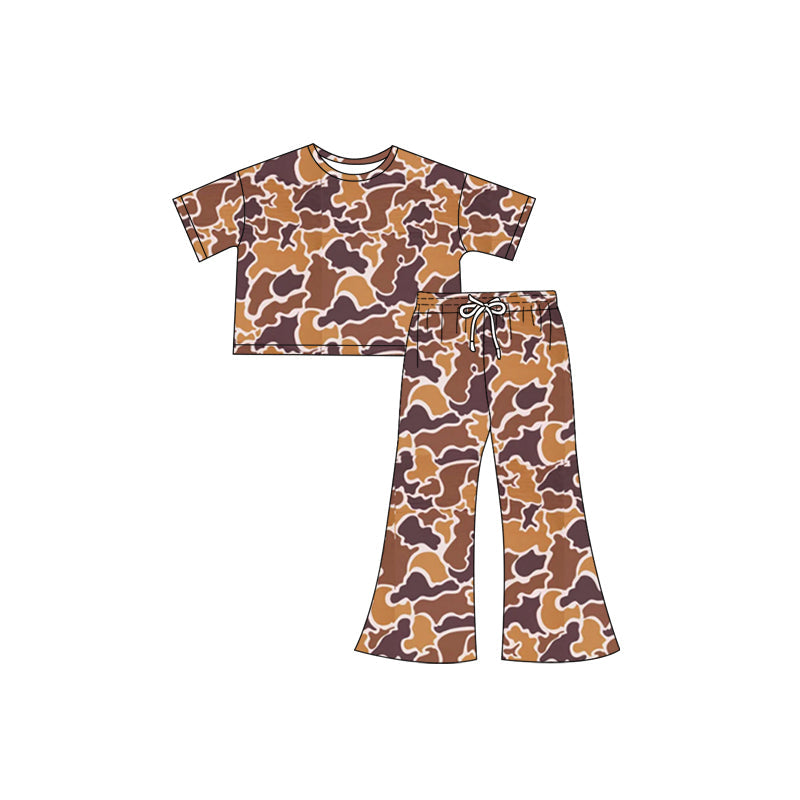 Brown camo short sleeves top pants kids girls outfits