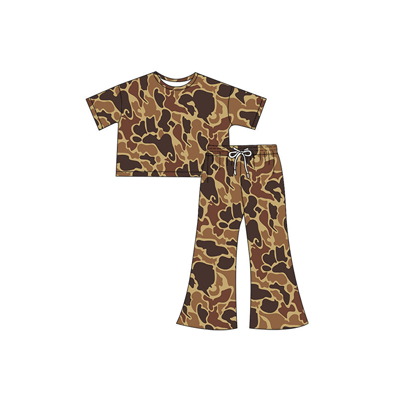 Dark brown camo short sleeves top pants kids girls outfits