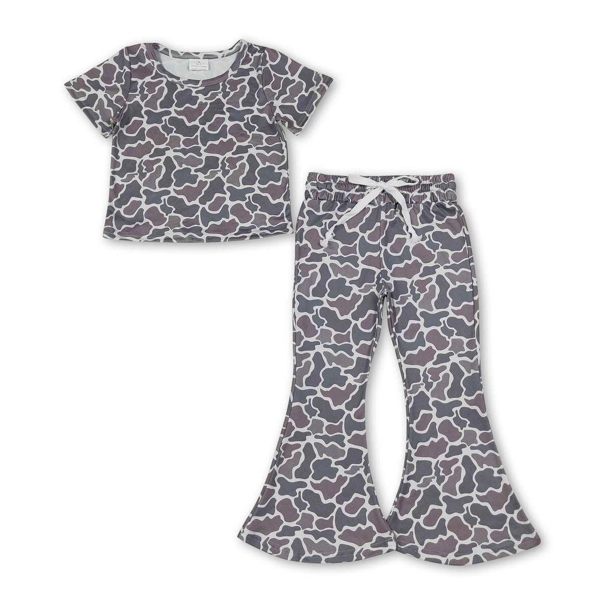 Dark grey camo short sleeves top pants kids girls outfits