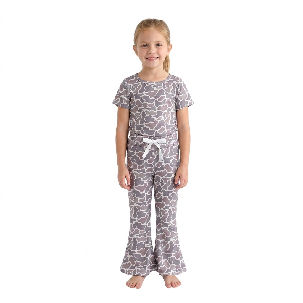 Dark grey camo short sleeves top pants kids girls outfits