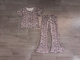 Dark grey camo short sleeves top pants kids girls outfits