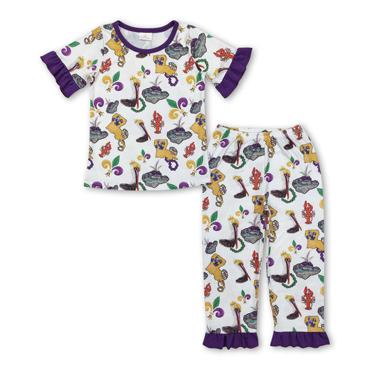 Short sleeves pelican crawfish baby girls Mardi Gras pajamas