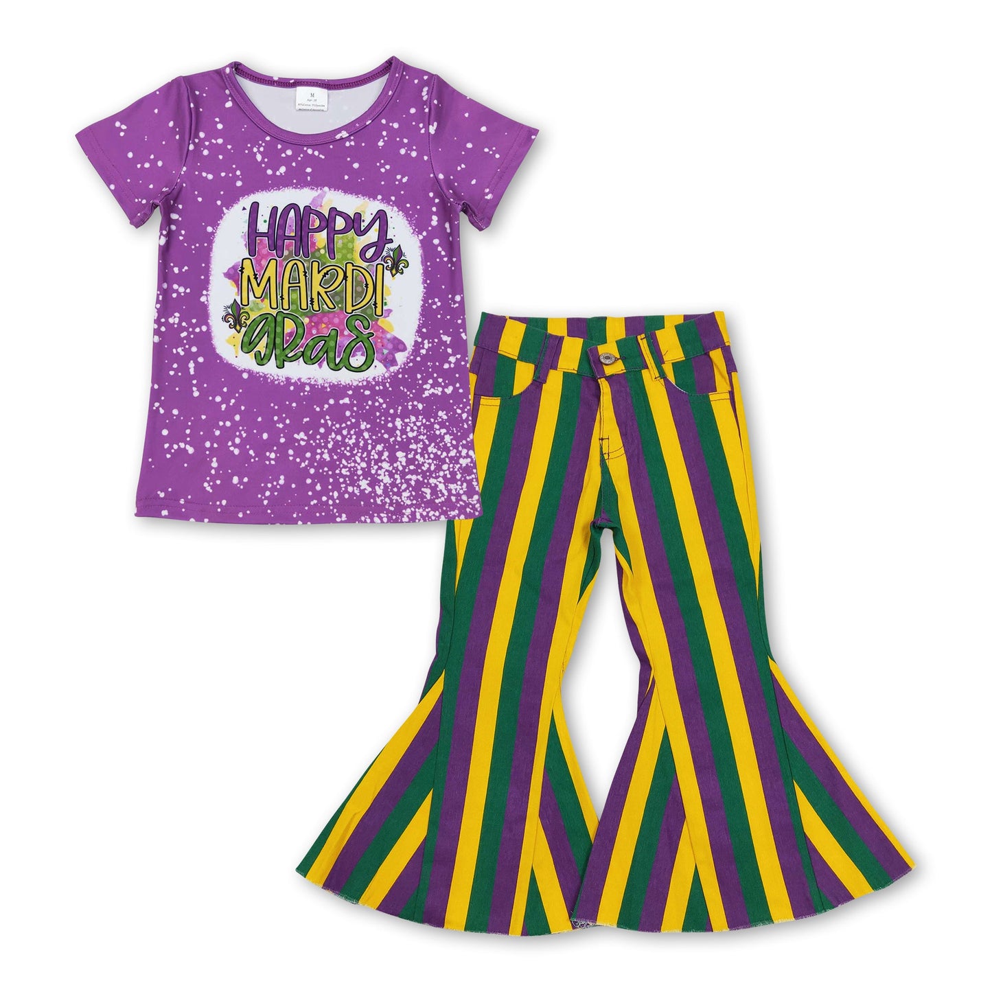 Happy Mardi Gras top stripe jeans girls clothing set