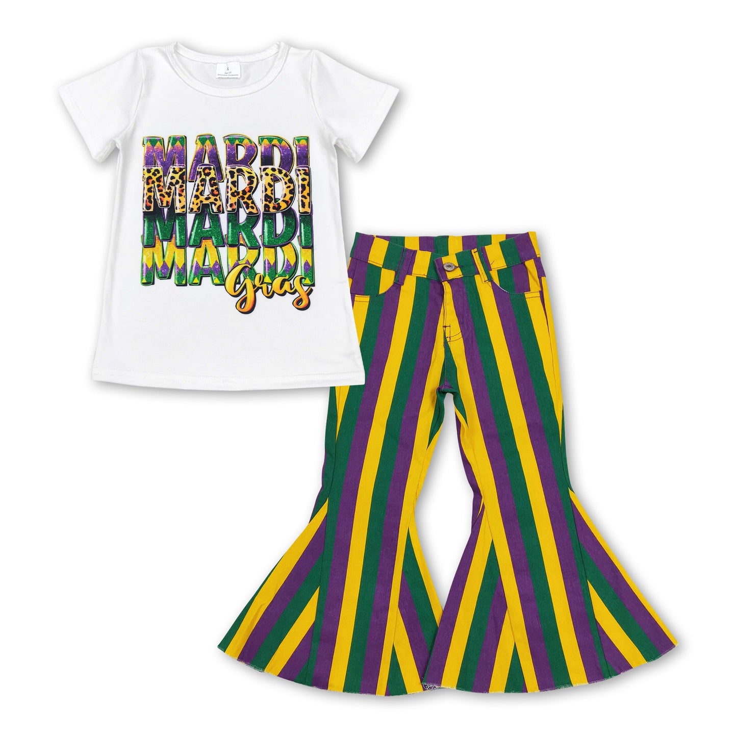 Leopard Mardi Gras top stripe jeans girls clothing set