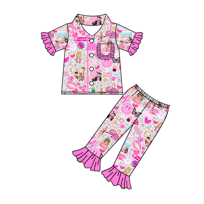 Pink pocket smile top pants singer girls button down pajamas