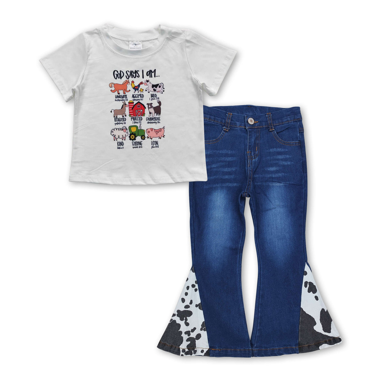 God says I am top cow print jeans girls clothing set