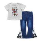 God says I am top cow print jeans girls clothing set
