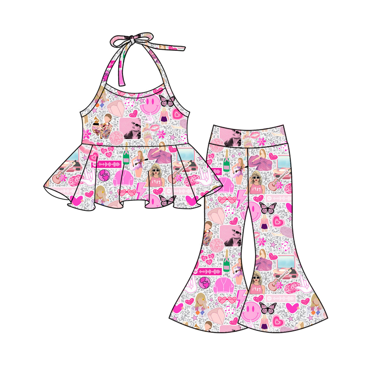 Pink smile guitar halter top pants singer girls clothes