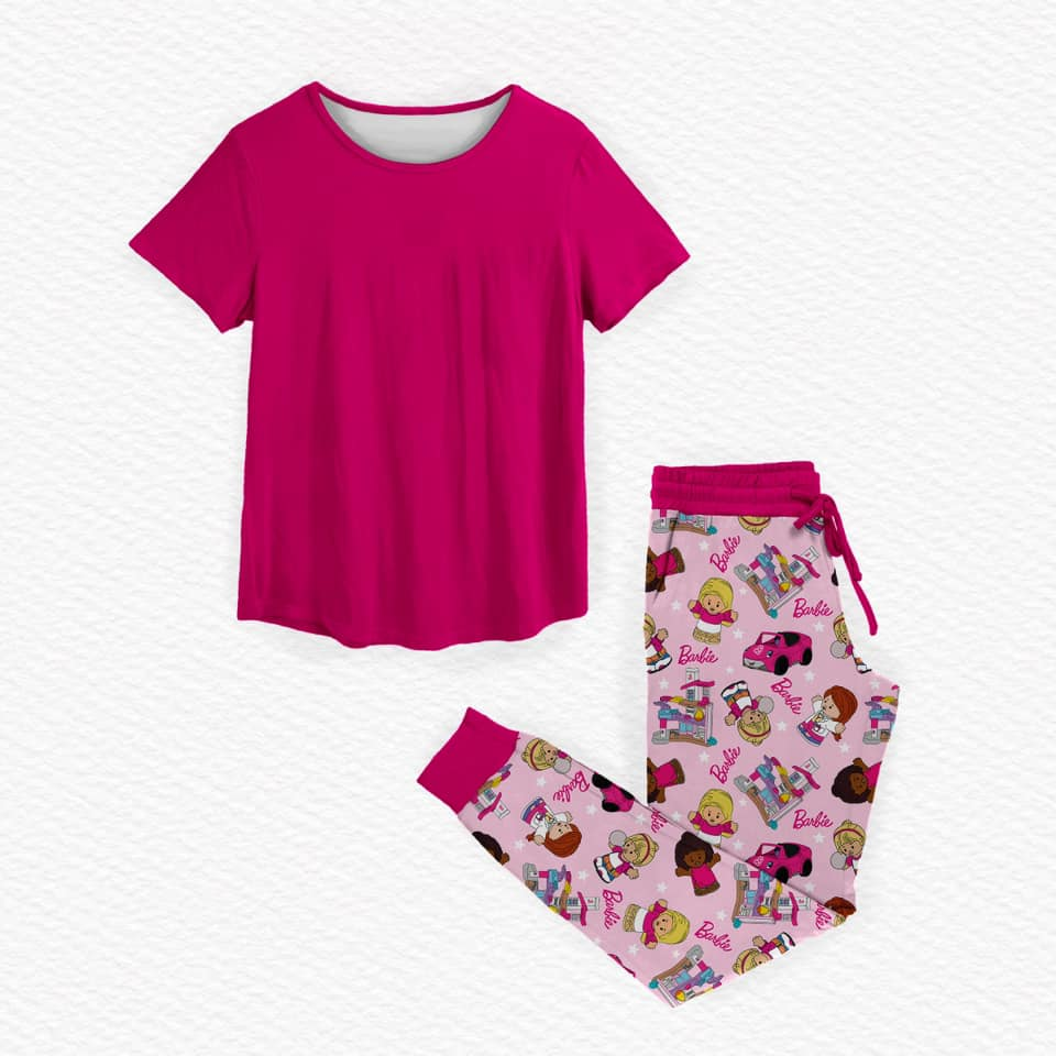 Hot pink top car print pants party girls clothing set