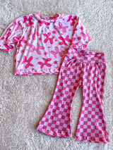 Short sleeves pink dog top plaid pants girls clothing