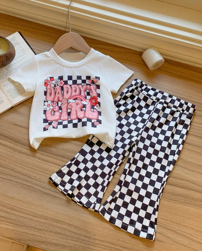 Short sleeves plaid daddy's girl floral top pants girls clothes