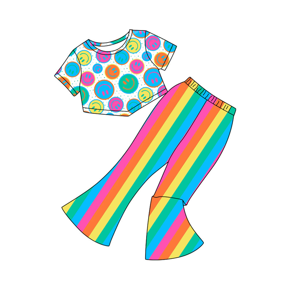 Short sleeves smile top colorful stripe pants girls clothes