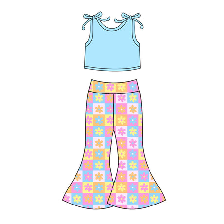 Sleeveless cotton top floral plaid pants girls clothing