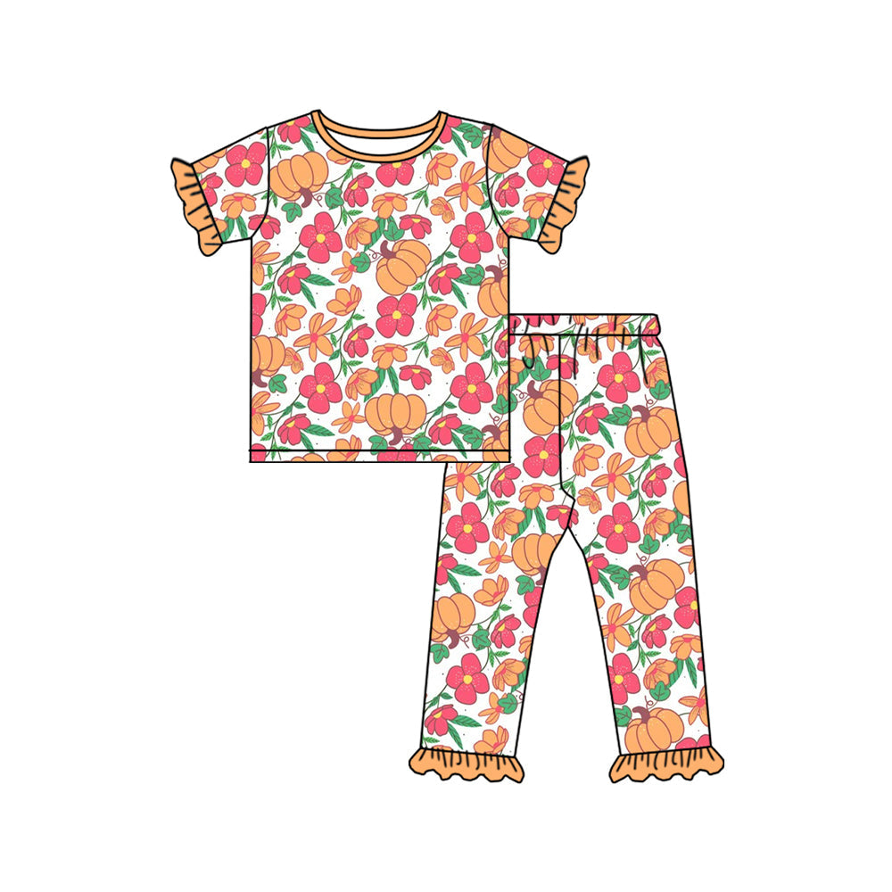 Short sleeves ruffle pumpkin floral kids girls fall pajamas