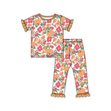 Short sleeves ruffle pumpkin floral kids girls fall pajamas