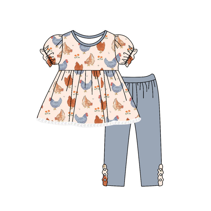Short sleeves chicken tunic leggings kids girls clothes