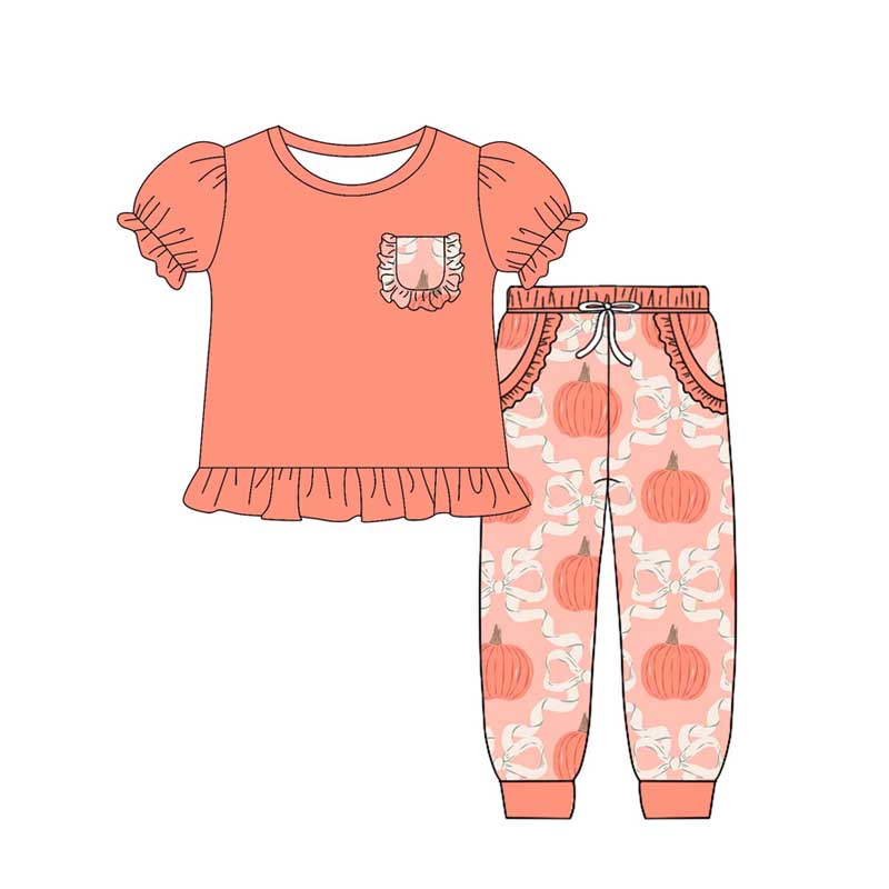 Short sleeves ruffle top pumpkin bow pants girls fall clothes