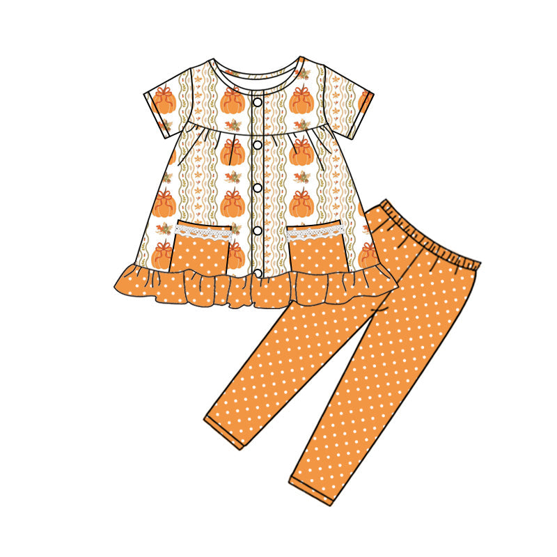 Pumpkin bow floral tunic leggings girls fall clothes