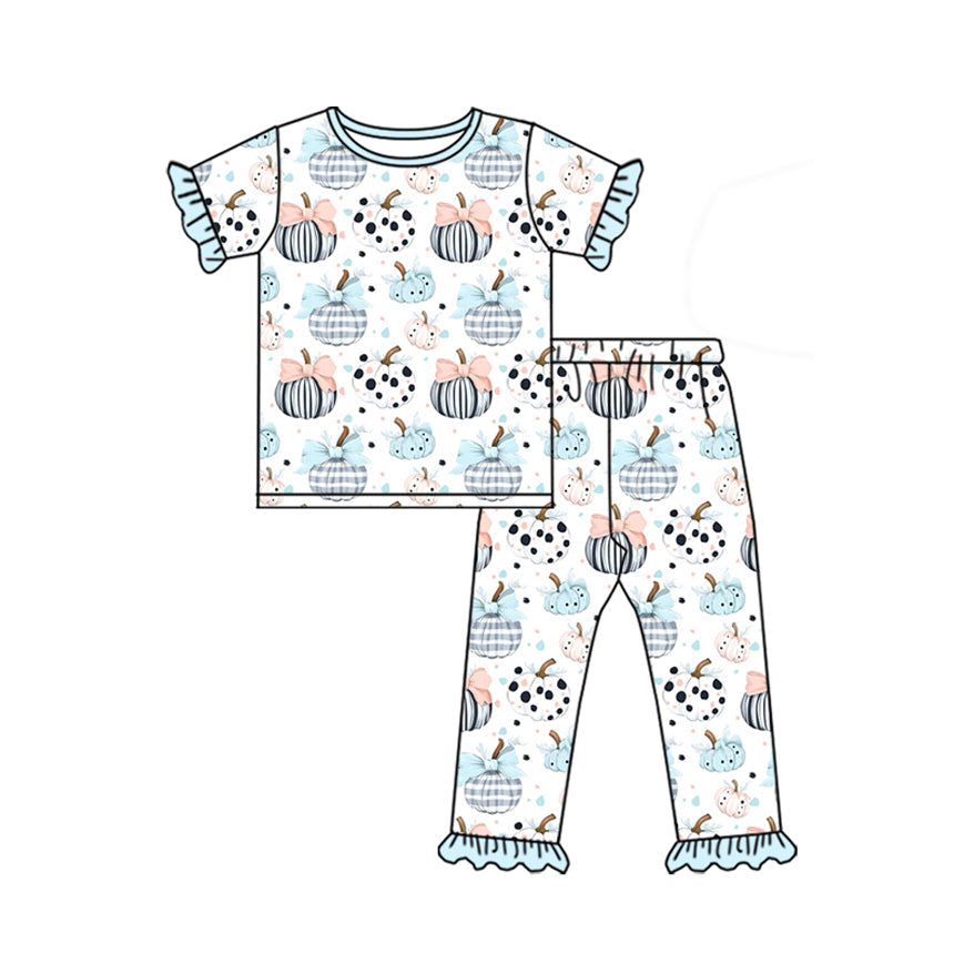 Short sleeves pumpkin bow baby girls fall pajamas
