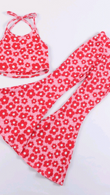 Red floral halter top bell bottom pants girls clothes