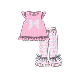 Pink floral bow top ruffle pants baby girls clothing