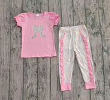 Pink short sleeves bow top floral ruffle pants girls clothes
